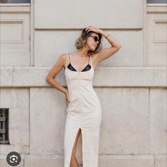 Zara Contrasting Lace Spaghetti Strap Midi Dress Nude Cream Size Medium - Picture 2 of 13